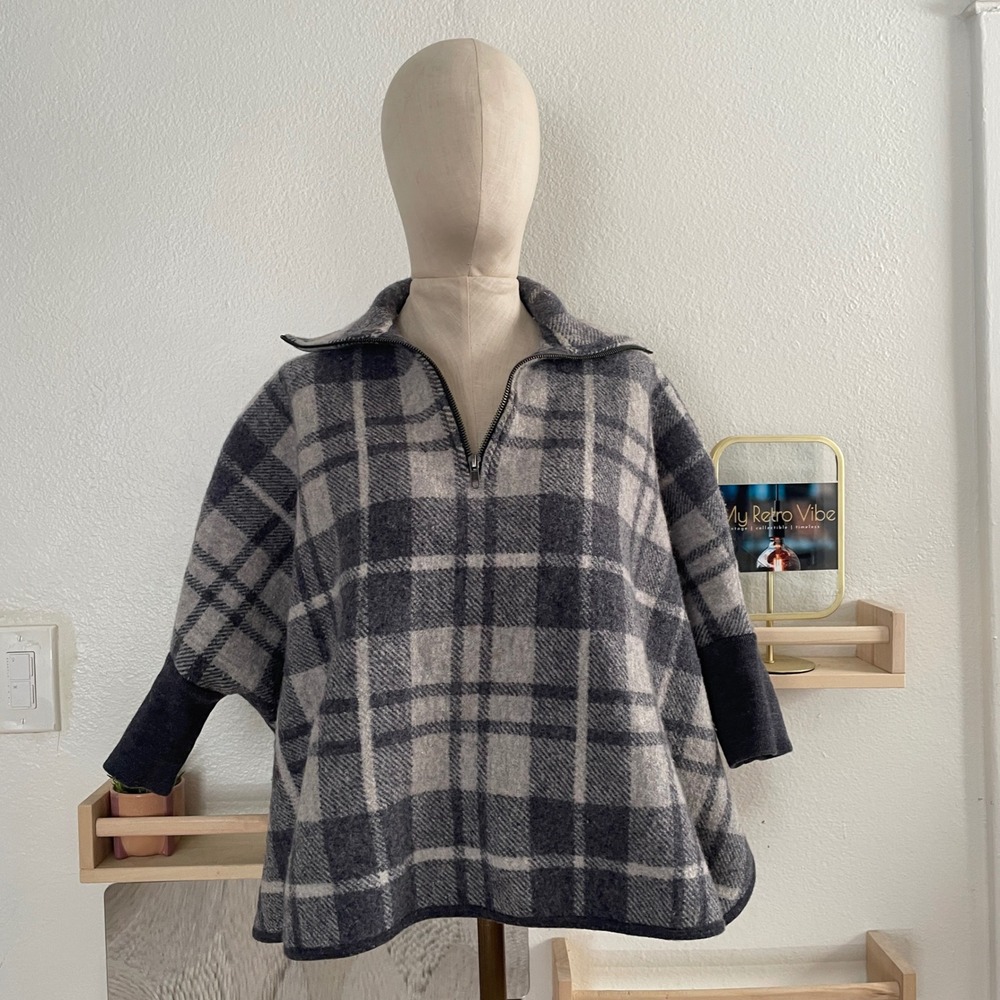 Madewell Merino Wool Plaid Quarter Zip Poncho Sweater Grey Womens Size S